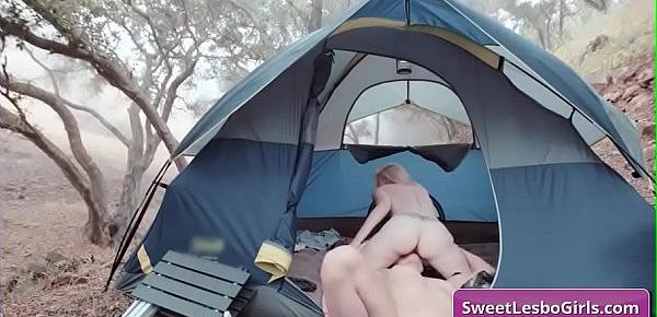  Sexy and horny busty lesbian babes Aiden Ashley, Abigail Mac finger fuck each other deep and tender in a tent while camping
